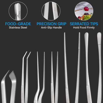 HOTEC Kitchen Tweezers Tongs Stainless Steel, Set of 6 - Professional Cooking Tweezers for Cooking, Chefs, BBQ, Seafood, Baking & Repair