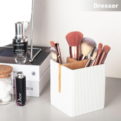 Toothbrush Holders for Bathroom, Bamboo Electric Toothbrush Stand, White | Toothbrush and Toothpaste Organizer for Sink Countertop, Bathroom Storage Stand for Brushing Accessories