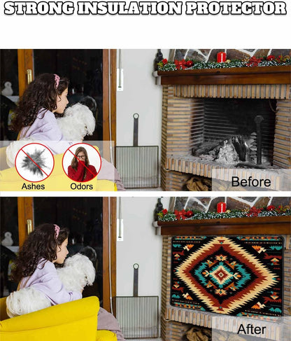 Western Aztec Magnetic Fireplace Cover Decorative Indoor For Brick Fireplace, Rustic Tribal Southwestern Boho Ethnic Insulation Fireplace Blocker Blanket Draft Stop Hot Heat Save Energy, 36"Wx27"H