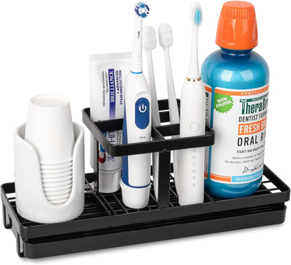 Toothbrush Holders Toothpaste Organizer Bathroom Accessories, Matte Black | Carbon Steel, 4 Slots, Removable Drip Tray, Easy to Clean, Electric Toothbrush Storage, for Countertop, Shower, Sink