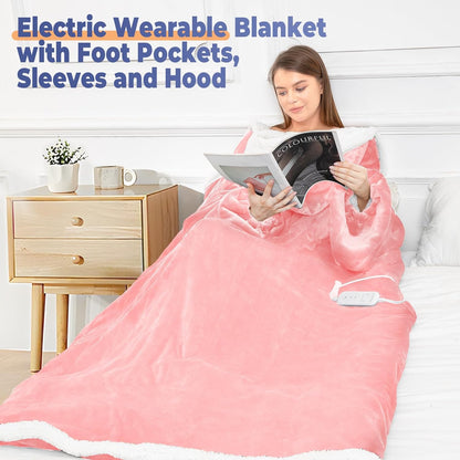 Wearable Heated Blanket with Foot Pocket, Electric Wearable Throw Blanket with Sleeves, Hood, Portable Heated Blanket with 8 Heat Settings, 1-10 Hours Auto Shut-off, Gift for Family, Friends, 50*70"