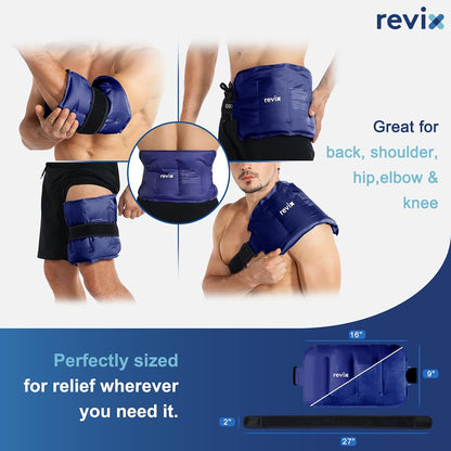 REVIX Ice Pack for Injuries Reusable Gel for Lower Back & Shoulder, Navy | 16x9in Full Coverage for Lower Back, Shoulder, Hip & Knee, Cold Compress Therapy, Hands-free Strap, Long-lasting Gel