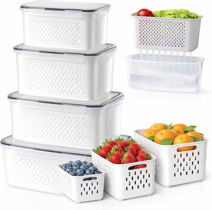4-in-1 Produce Saver Containers - Fresh Berry Keeper with Removable Colander & Airtight Lid - Stackable Fruit and Vegetable Fridge Organizer Bins - BPA-Free Plastic Food Storage (3pcs)