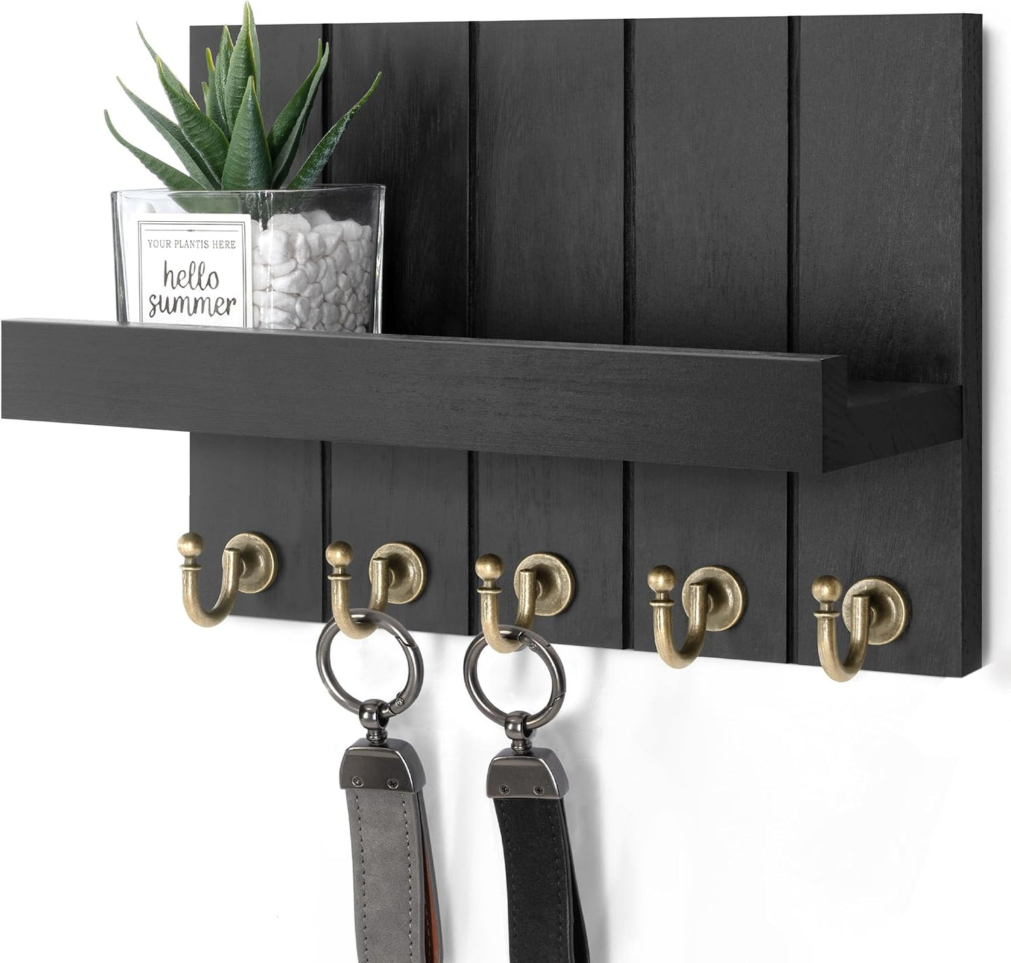 Rebee Vision Key Holder Wall Mount with 5 Key Hooks for Home Decor, Brown | 3.54'' x 10'' x 7.28'', Small Shelf for Display Plant, Key Hangers for Hat, Entryway Space-Saving Storage