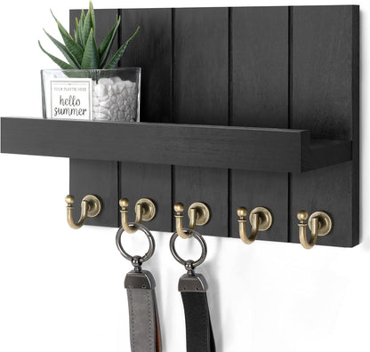 Rebee Vision Key Holder Wall Mount with 5 Key Hooks for Home Decor, Brown | 3.54'' x 10'' x 7.28'', Small Shelf for Display Plant, Key Hangers for Hat, Entryway Space-Saving Storage