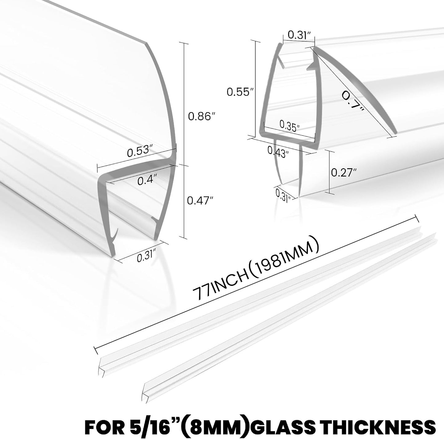Frameless Shower Door Bottom Seal Strip for 3/8"(10mm) Thick Glass, Super Clear 36 Inch Long 2PCS Shower Door Seal, to Water Block
