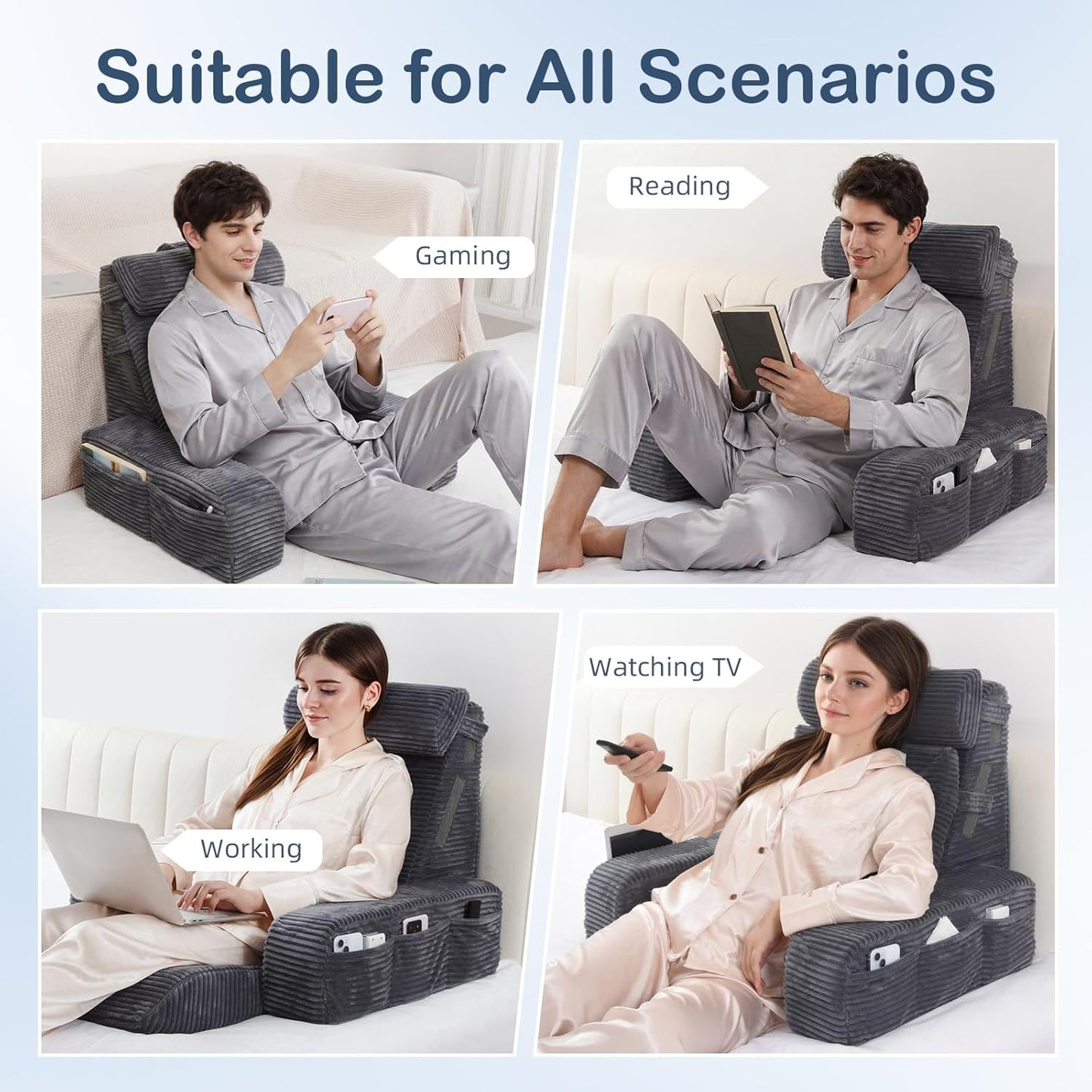 Vekkia 21" Reading Pillow for Adults with Armrests and Adjustable Backrest | Back Support, Washable Cover, XL Pockets, Multi-Density Foam for Zoned Support, Ideal for Reading TV Relaxing Gaming, Gray