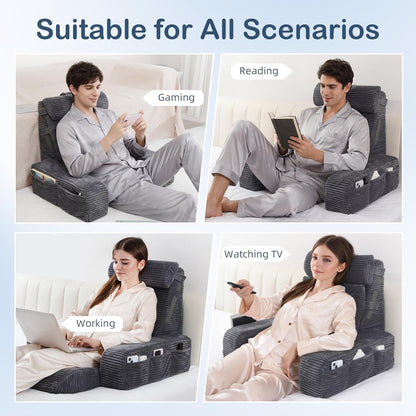 Vekkia 21" Reading Pillow for Adults with Armrests and Adjustable Backrest | Back Support, Washable Cover, XL Pockets, Multi-Density Foam for Zoned Support, Ideal for Reading TV Relaxing Gaming, Gray