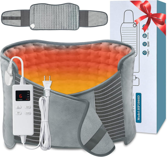 Electric Heating Pad for Back with Adjustable Belt, Moist Heat for Cramps | 12"X24"+26" Large Size, Hands-Free Wear, 6 Heat Levels, 4 Timers, Auto Shut Off, Machine Washable, Gift For Women & Men