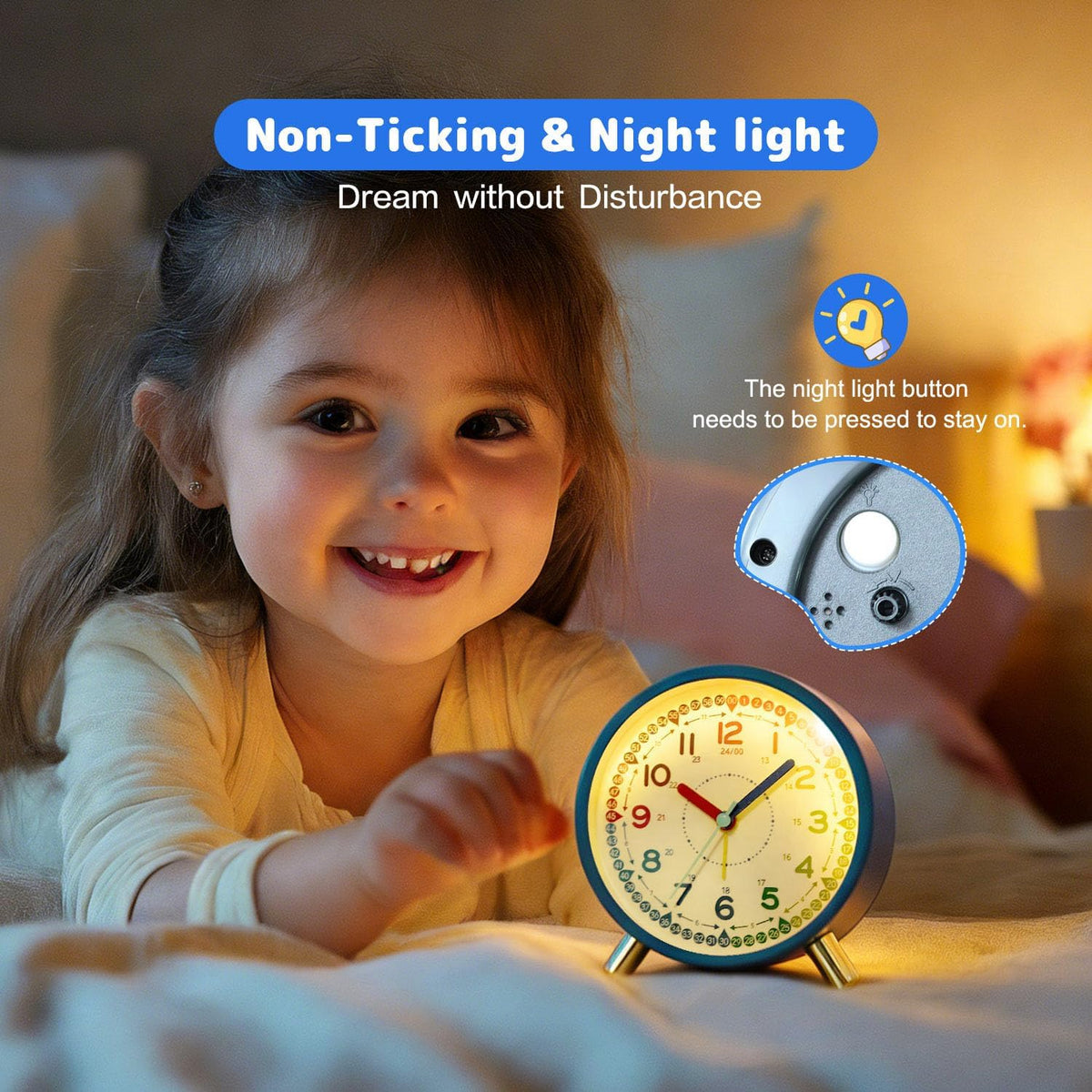 Kids Alarm Clock, Silent Non-Ticking, Analog Learning Clock for School Beginners, Stylish Round Metal Clock, Easy to Read, Battery Operated, Loud Ringing Back to School Gifts
