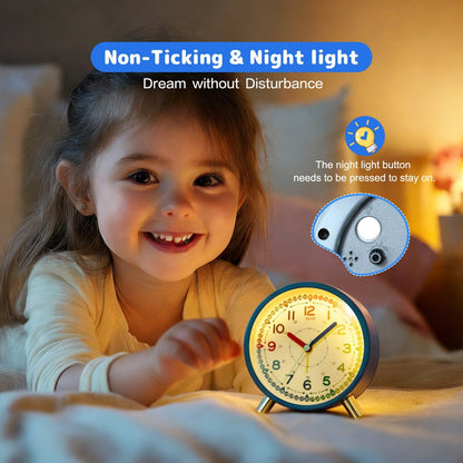 Kids Alarm Clock, Silent Non-Ticking, Analog Learning Clock for School Beginners, Stylish Round Metal Clock, Easy to Read, Battery Operated, Loud Ringing Back to School Gifts