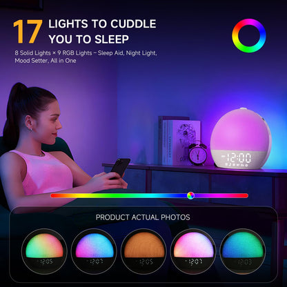 Geuuap Sunrise Alarm Clock White Noise Machine with Bluetooth Speaker,Khaki | 30 Soothing Sounds, 17 Dimmable lights, Simulated Sunrise, Backup Battery Memory, Auto-off Sleep Timer, Screen-Free Design