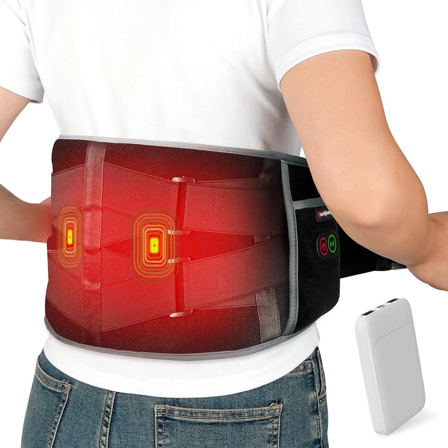 Comfytemp Cordless Heating Pad with Massager for Back, Gifts for Women Men | FSA Eligible HSA, Portable Lower Back Massager, Rechargeable Wireless Electric, Birthday Mom Dad Seniors 3 Heat 30mins, Grey