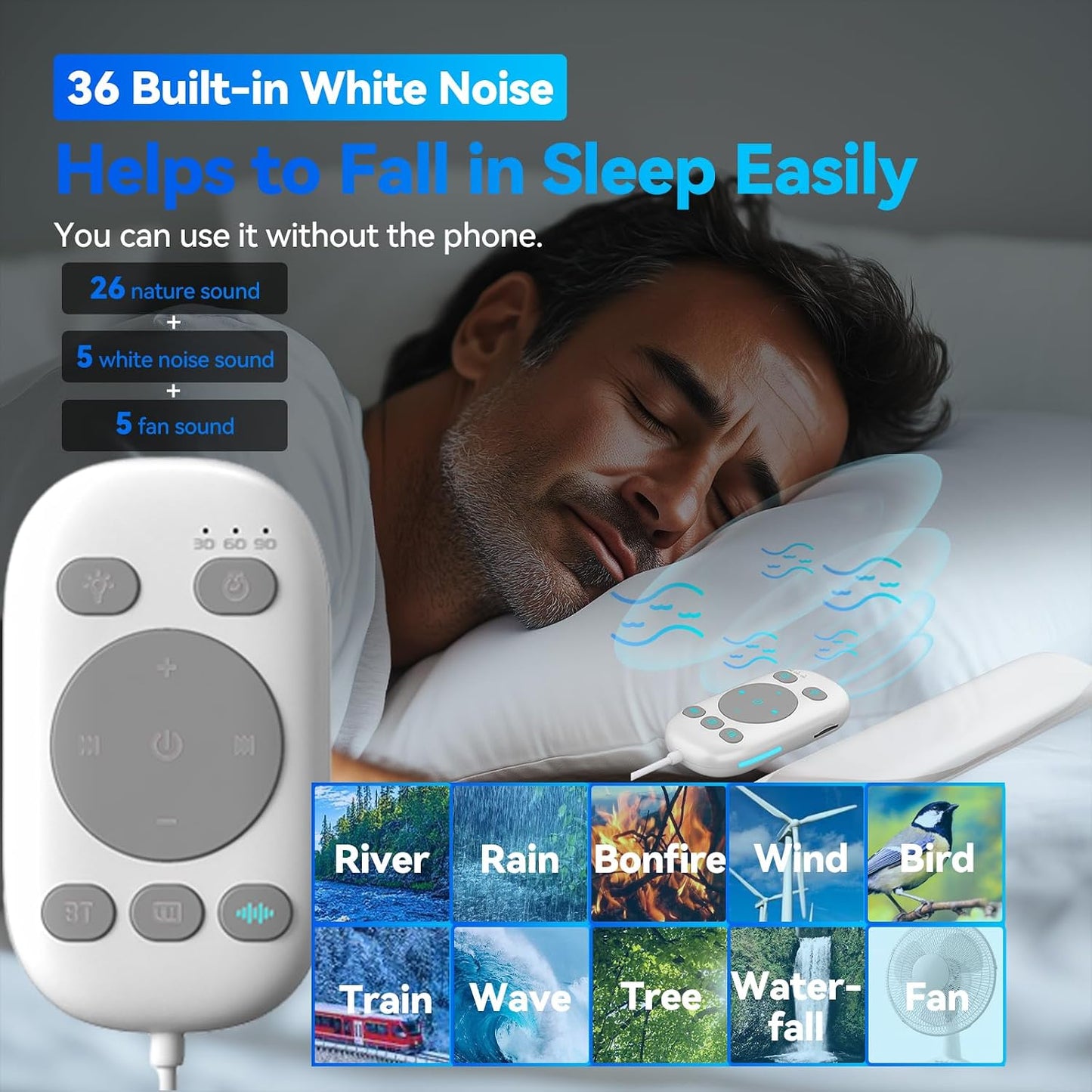 Pillow Speaker for Sleeping w/Remote - Without TF Card, White | Bone Conduction Speaker, 36 Built-in White Noise, Flat Thin Wireless Speaker under Pillow for Side Sleepers, Dusker Sleep Bar