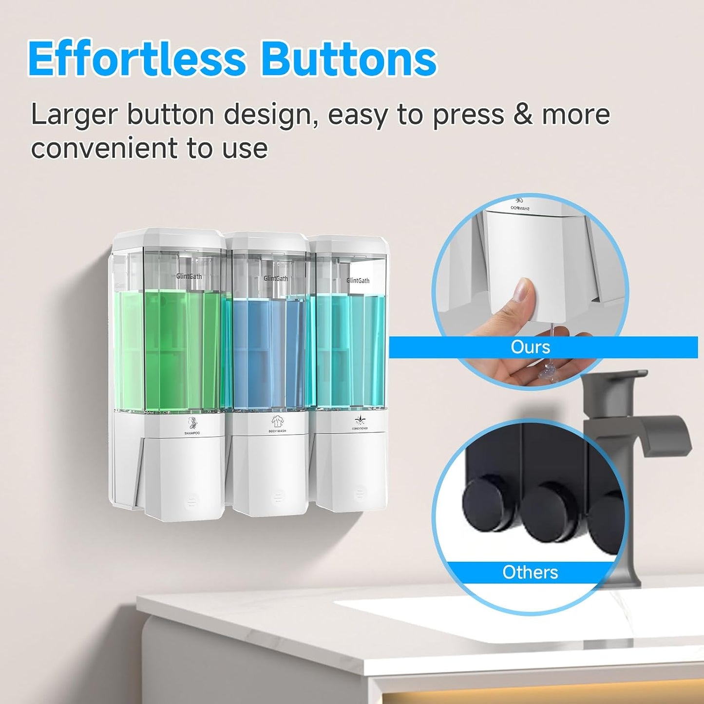 Shampoo and Conditioner Dispenser,GlintGath Shower Dispenser 3 Chamber No Drill Shampoo Dispenser for Shower Wall Mounted Shower Soap Dispenser for Bathroom Hotel,Large Capacity 3 * 500ML,White1