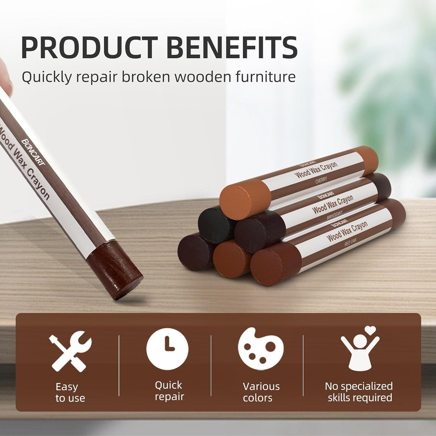 Boncart Wood Filler Sticks,12 Colors Wood Wax Crayons | For Repairing Scratches, Scuffs, Cracks, and Nail Holes on Wood Furniture, Floors, Cabinets, Tables, and Doors