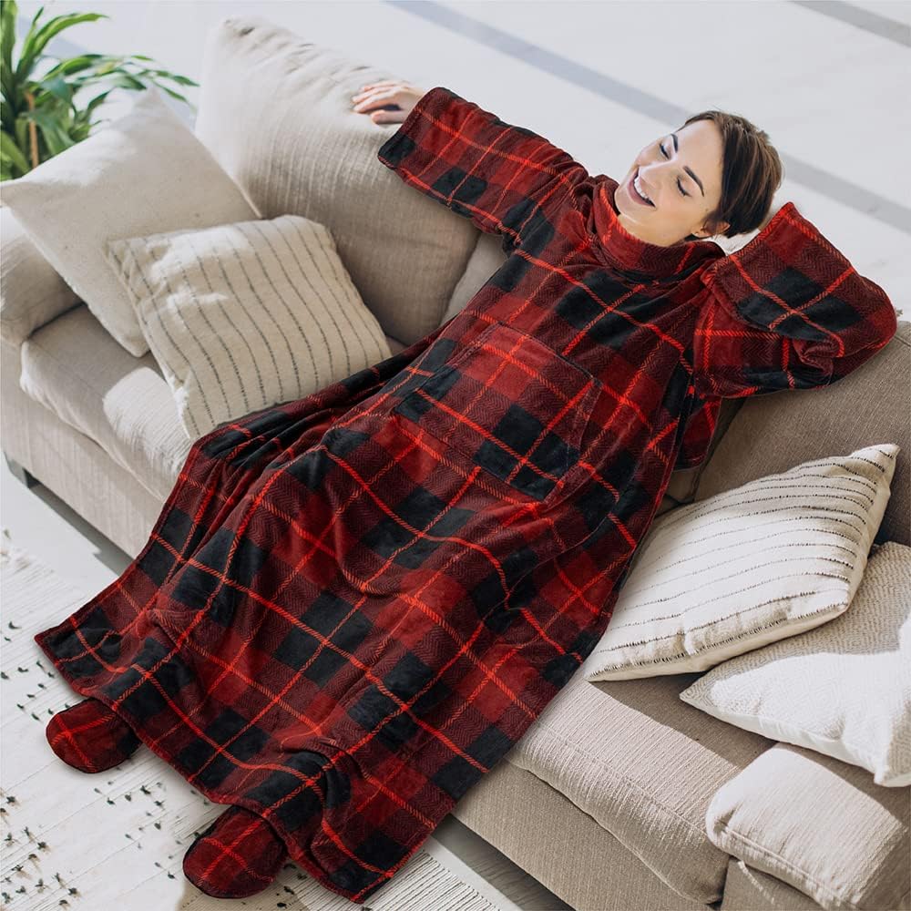 PAVILIA Fleece Blanket with Sleeves, Foot Pockets for Women Men Adults, Plush Wearable Blanket Throw Wrap, Warm Snuggle Blanket Robe, Cozy Gift Ideas Wife Mom, Dark Purple