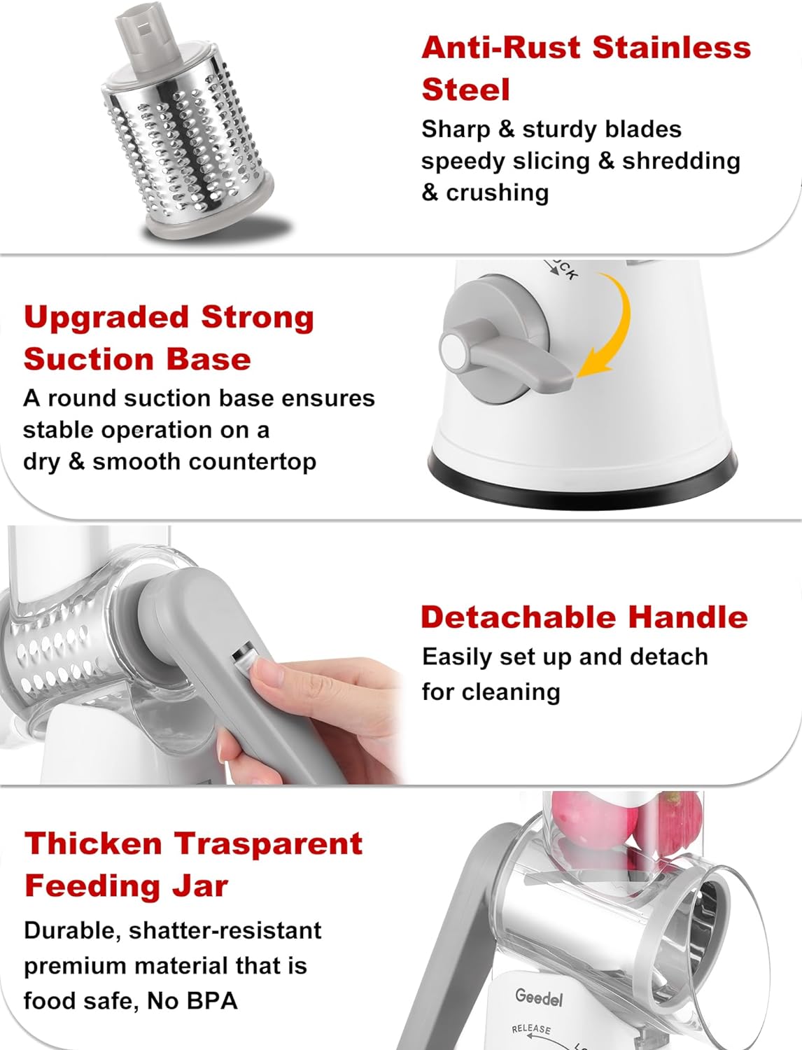 Geedel Rotary Cheese Grater, Kitchen Mandoline Vegetable Slicer with 3 Interchangeable Blades, Easy to Clean Rotary Grater Slicer for Fruit, Vegetables, Nuts | 3 Blades, 430 Stainless Steel, 12x Fast Cutting, Strong Suction Base, No BPA, Dishwasher Safe,