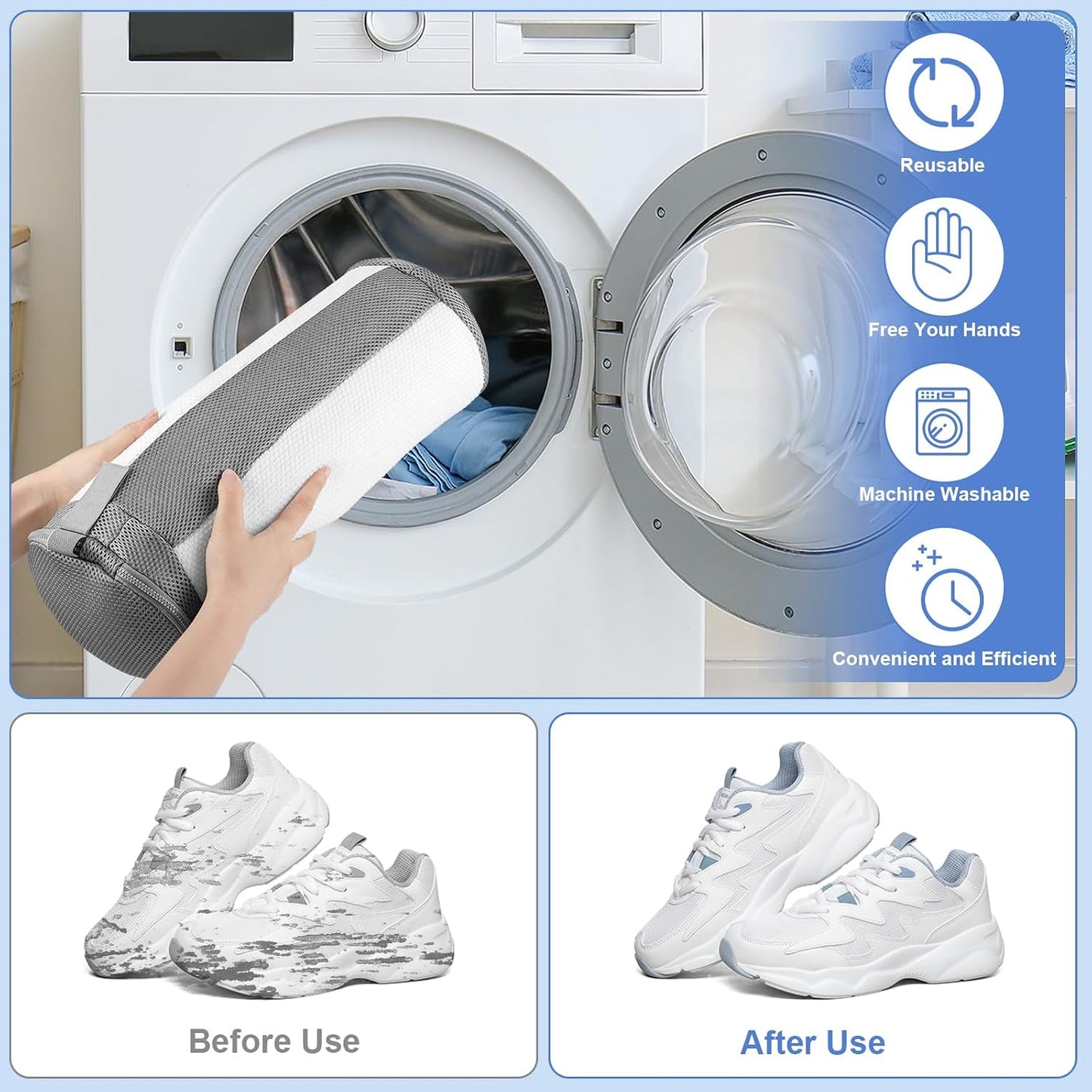 2 PCS Shoe Washing Machine Bags for Washer and Dryer, Grey + White | Reusable Laundry Shoe Bag, Hands Free, Hidden Self-locking Zipper, 360° Deep Cleaning, For Sneakers and All Shoes Types