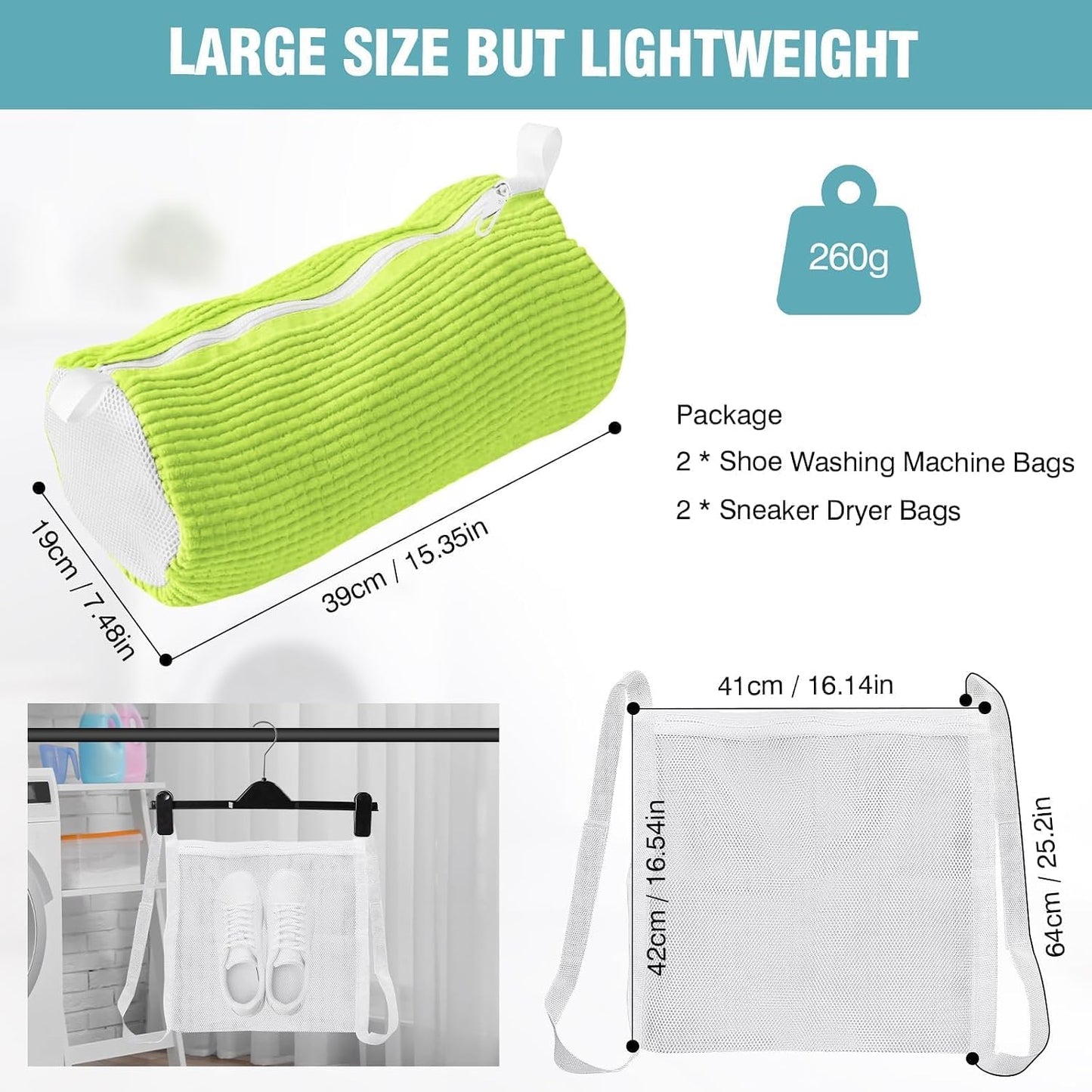 Shoe Washing Machine Bag, Shoe Laundry Bag for Washer and Dryer | 2 Pack Shoe Cleaning Bag for Sneakers & Tennis Shoes, XXL Size, Shoe Protection, Dry Bags, Zipper Hook, Travel & Dorm Storage