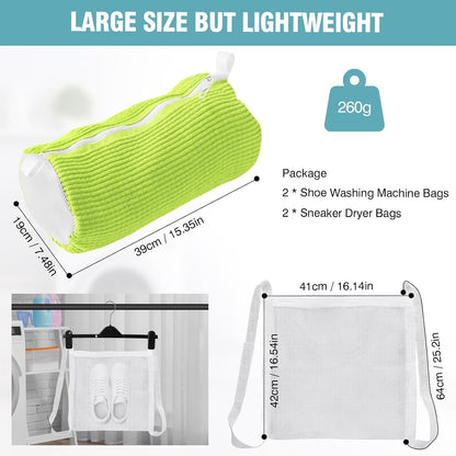 Shoe Washing Machine Bag, Shoe Laundry Bag for Washer and Dryer | 2 Pack Shoe Cleaning Bag for Sneakers & Tennis Shoes, XXL Size, Shoe Protection, Dry Bags, Zipper Hook, Travel & Dorm Storage
