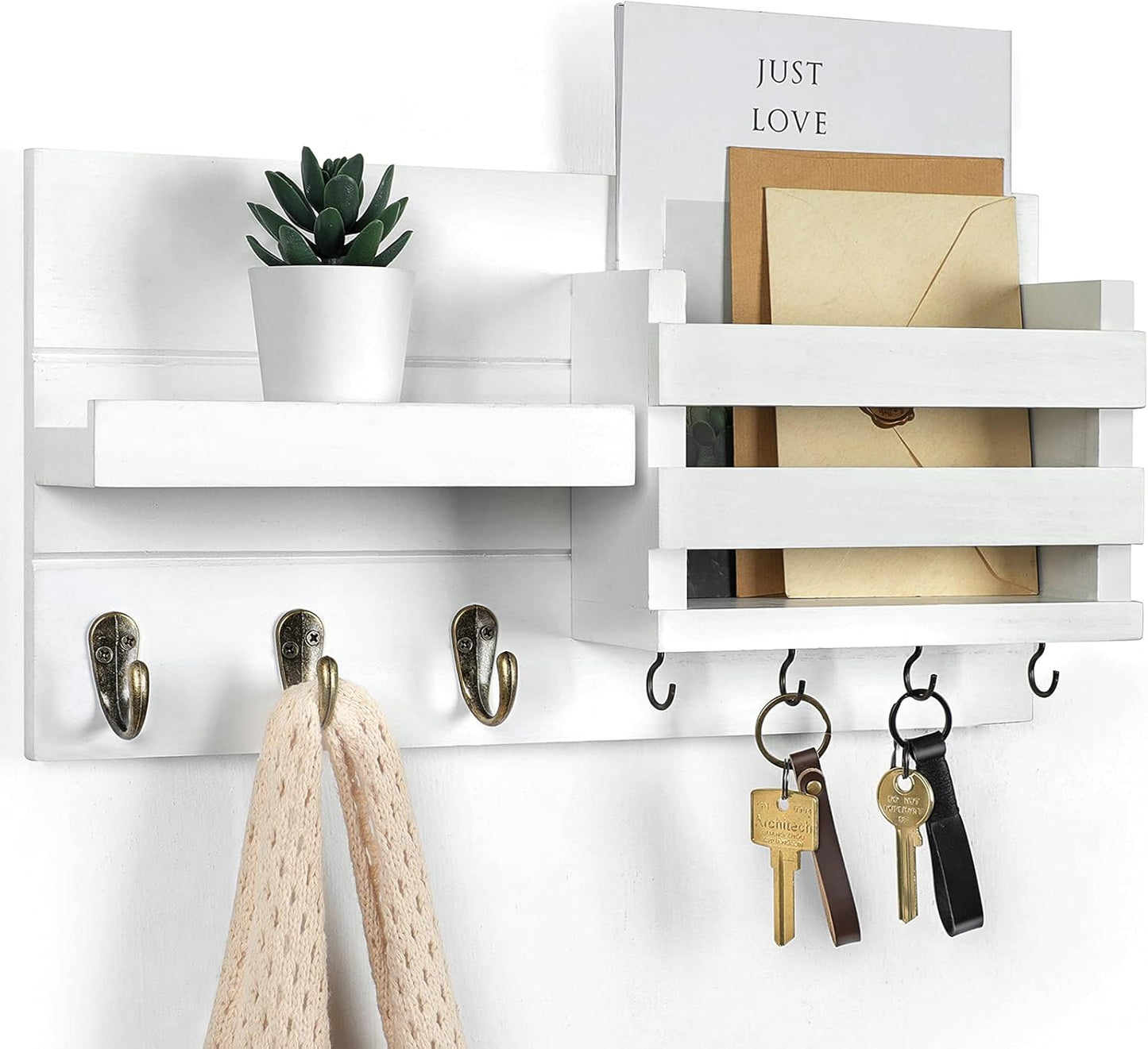 Lwenki Mail Organizer for Wall Mount – Key Holder with Shelf Includes Letter Holder and Hooks for Coats, Dog Leashes – Rustic Wood with Flush Mounting Hardware (16.5” x 8.7” x 3.5”)