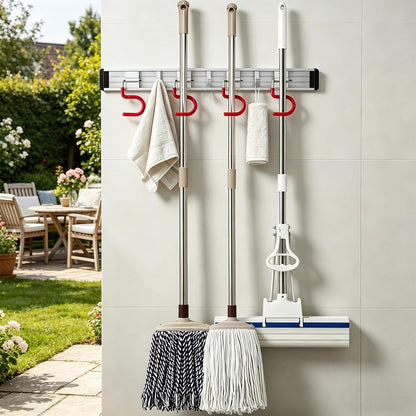 Wall Mounted Mop and Broom Holder Stainless Steel S Type Broom Rack Anti-Slip Mop Organizer (17 Inches,4 Positions 3 Hooks, Red black) (17inch)
