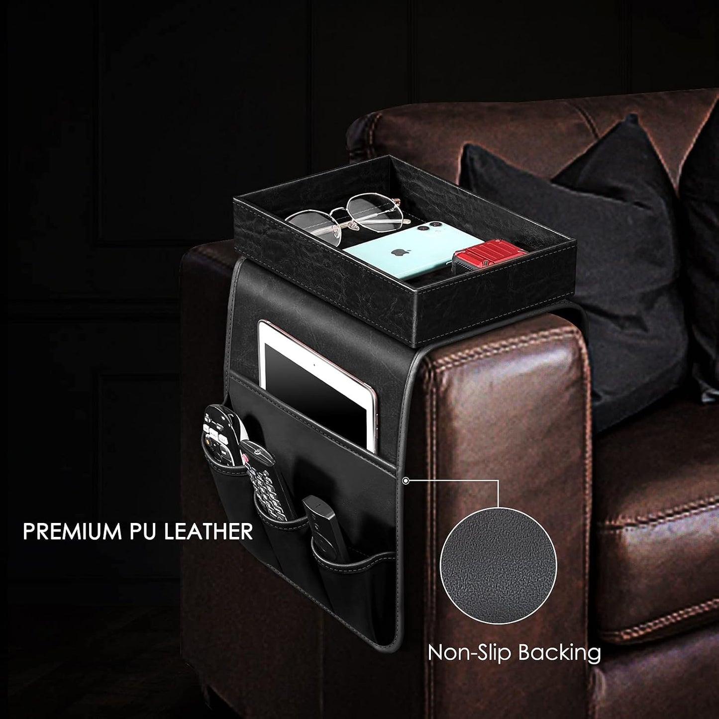 SITHON Sofa Remote Control Holder with Detachable Tray [Non Slip] | PU Leather Chair Couch Armrest Organizer Caddy with 5 Pockets for Magazines Phone iPad Remote Game Controller Eyeglasses