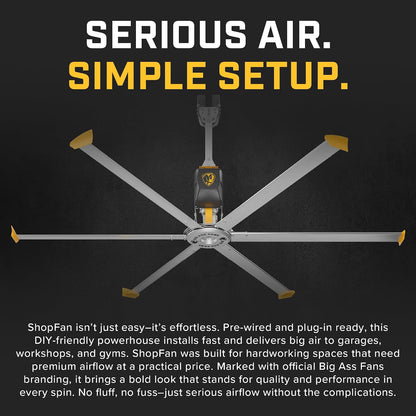 Big Ass Fans - ShopFan, 14 ft. HVLS Industrial/Commercial Ceiling Fan, Yellow/Silver Aluminum, 120V/1ph, 2ft. Extension Tube, Variable Speed