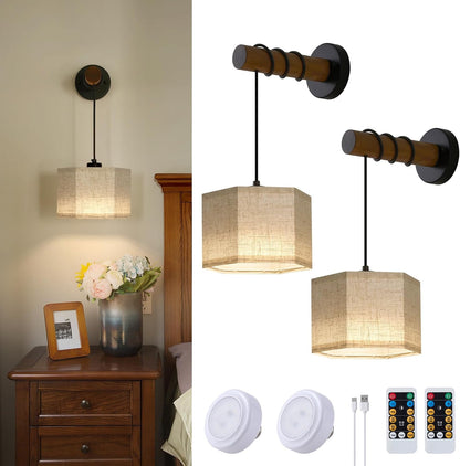 XSDeTu Battery Operated Wall Sconce with Remote, Rechargeable Battery Powered Wall Light, 3 Colors Dimmable Wall Mounted Lights, Adjustable Lamp for Bedroom Bedside, Wooden Arm, Fabric Shade, 2 Pcs