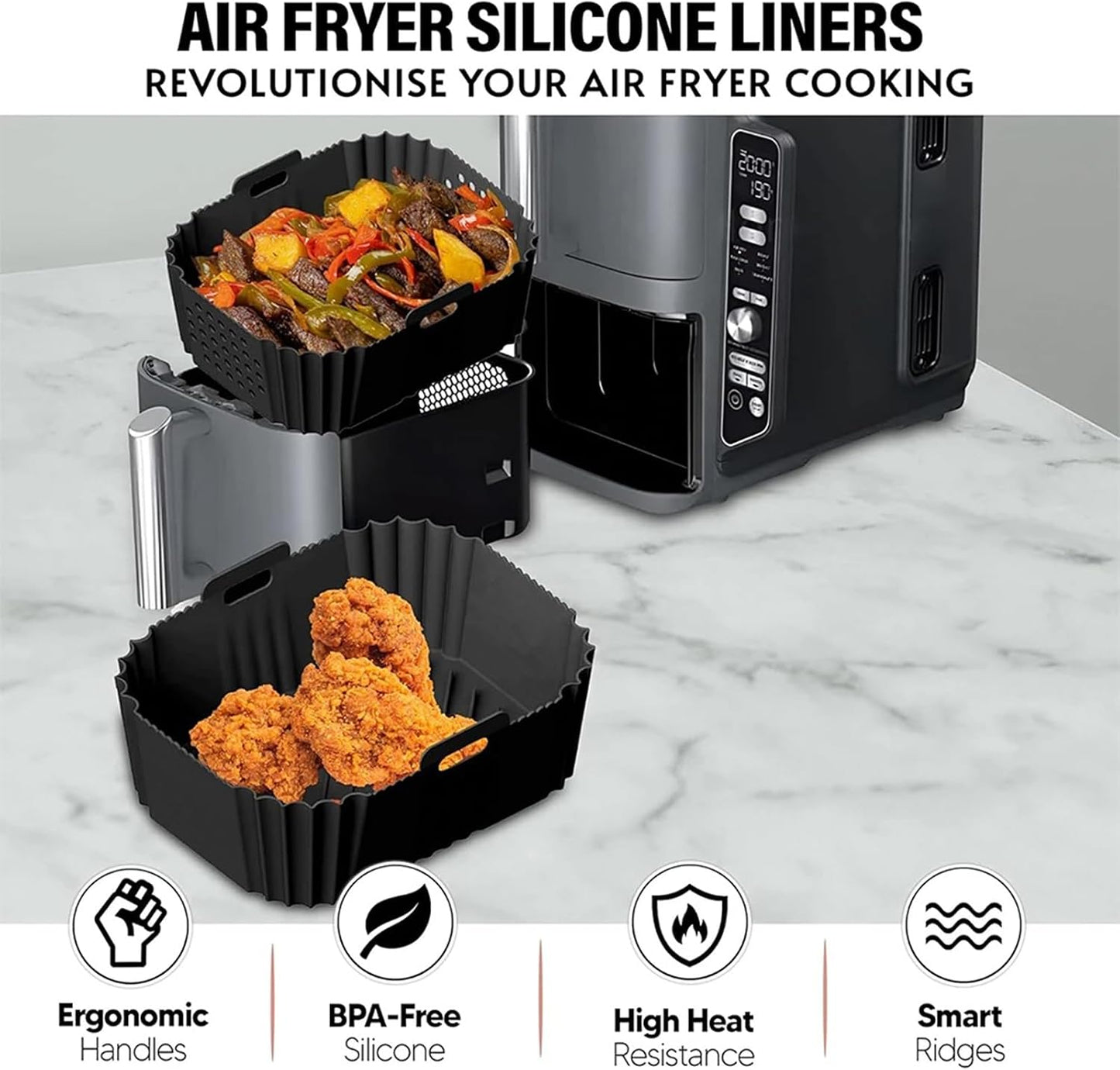Air Fryer Silicone Liners for Ninja AF140 AF141 AF180 AF181 Air Fryer for Philips HD9270 Basket Baking,9inch Reusable square,Black×2 pack