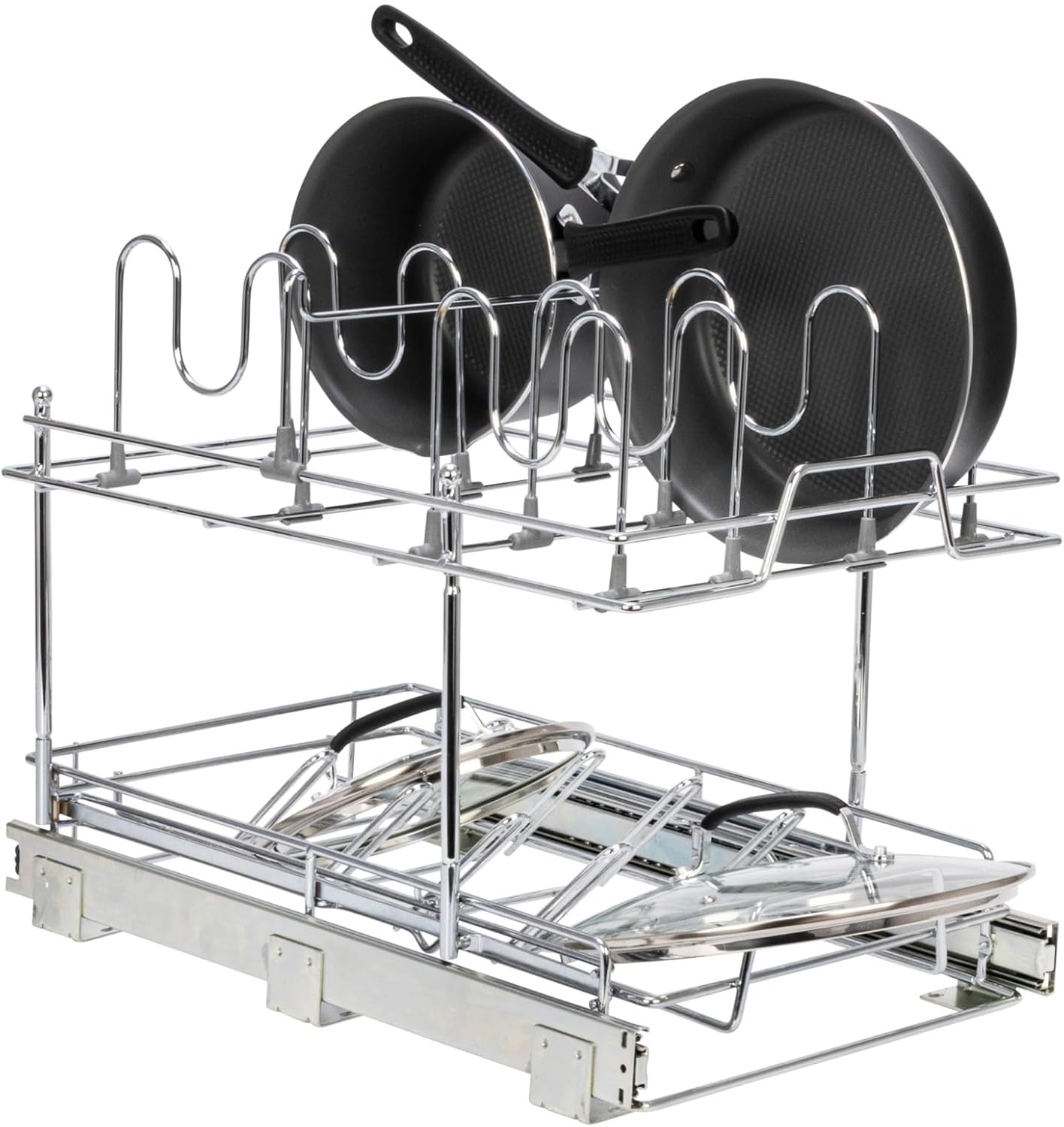 Household Essentials Glidez Multipurpose Chrome-Plated Steel Pull-Out/Slide-Out Storage Organizer for Cookware and Bakeware - 2-Tier Design - Fits Standard Size Cabinet or Shelf, Chrome