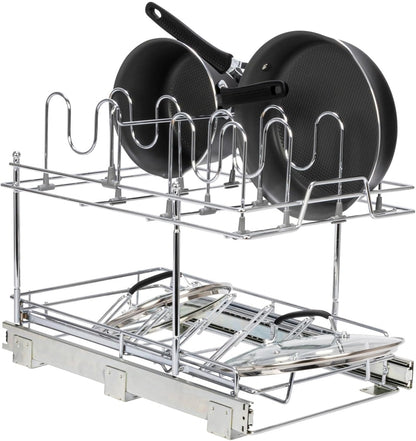 Household Essentials Glidez Multipurpose Chrome-Plated Steel Pull-Out/Slide-Out Storage Organizer for Cookware and Bakeware - 2-Tier Design - Fits Standard Size Cabinet or Shelf, Chrome