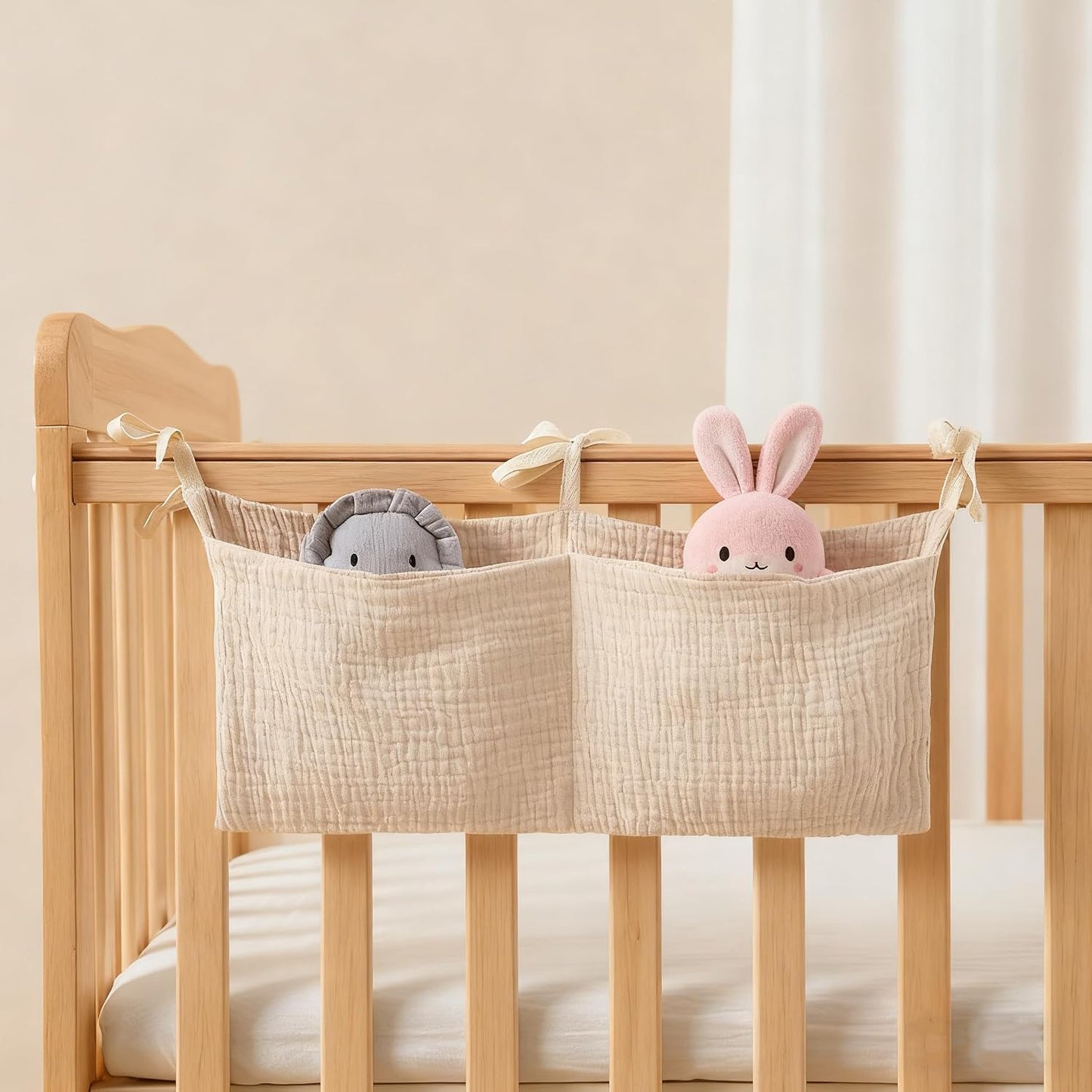 Baby Bedside Hanging Storage Bag Muslin Cotton Teddy Bear, Crib Diaper Caddy Organizer 2 Pockets, Nappy-Dormitory Nursery Organization Holder for Cribs, Playard or Wall Milk Bottle Bib Organizing