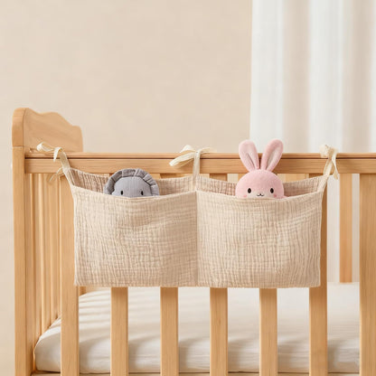 Baby Bedside Hanging Storage Bag Muslin Cotton Teddy Bear, Crib Diaper Caddy Organizer 2 Pockets, Nappy-Dormitory Nursery Organization Holder for Cribs, Playard or Wall Milk Bottle Bib Organizing