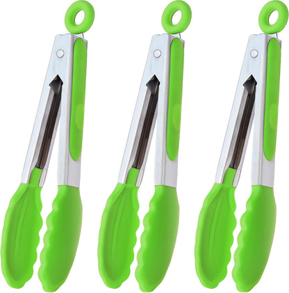 HINMAY Mini Tongs with Silicone Tips 7-Inch Serving Tongs, Set of 3 (Red Blue Green)