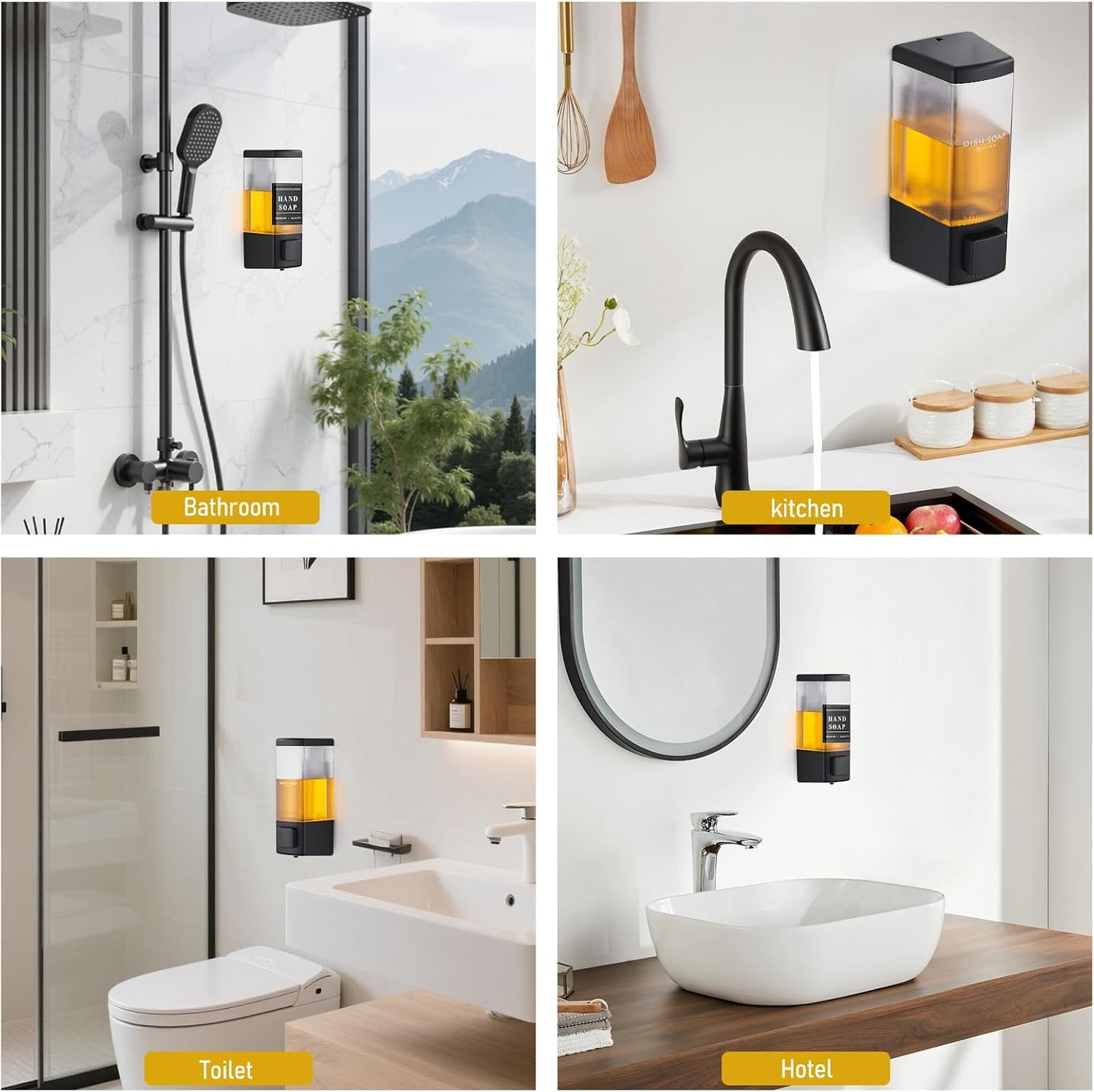 Pollock Shampoo and Conditioner Dispenser,Black 3 Chamber * 500ML | Shower Soap Dispenser Wall Mounted, Body Wash Dispenser No Drill,Refillable Shower Dispenser for Bathroom,Hotel,Public Place