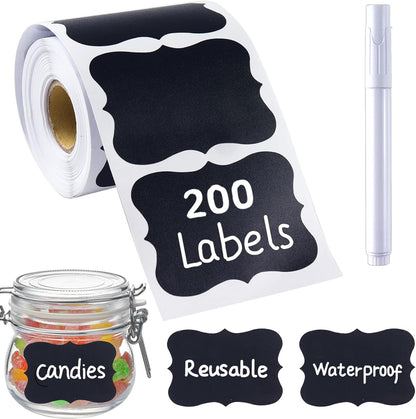 200 Pcs Chalkboard Labels,Reusable Labels with 1 Liquid Chalk Markers Removable Labels,Suitable for Mason Jars Storage Boxes Food Containers Storage Jars Kitchen Food Spice Storage(Black)