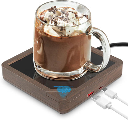 Coffee Mug Warmer with 2 USB Charging Ports: Auto Shut-Off Candle Wax Warmer - Heated Beverage Coffee Accessories for Home Office Desk - U1 Black