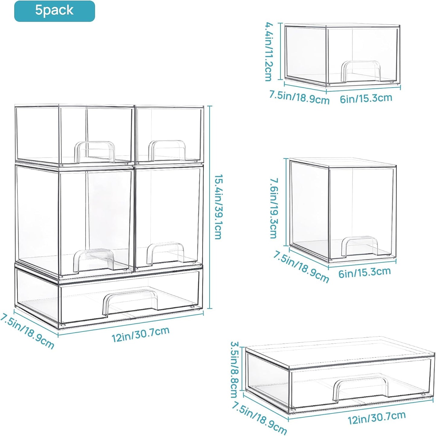 Vtopmart Clear Stackable Storage Drawers Set of 6, Plastic Organizer Bins | Multi-purpose Boxes for Bathroom Accessories Storage, Ideal for Cabinet, Shelf, Pantry, Laundry Room Organization