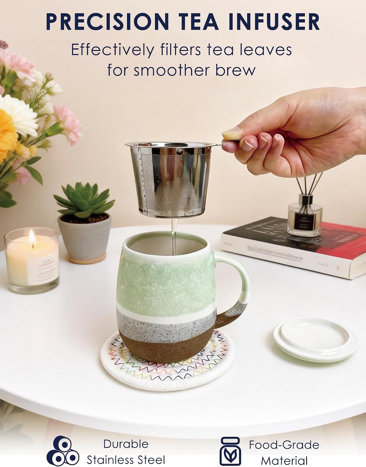 SISETOP 13.5 OZ Large Tea Cup with Infuser and Lid, Reactive Glaze Tea Infuser Mug, Ceramic Loose Leaf Teacup for Brewing, Microwave & Dishwasher Safe, Pale Blue