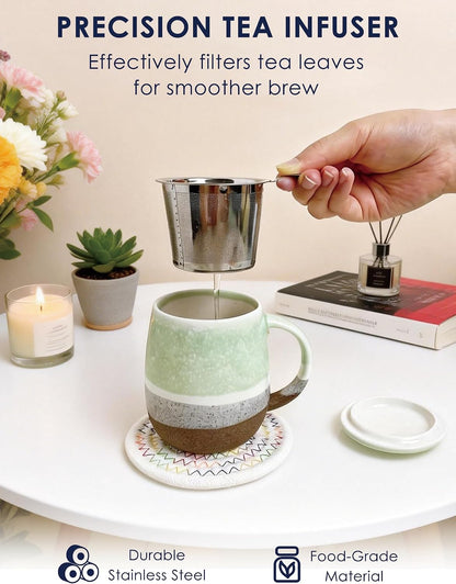 SISETOP 13.5 OZ Large Tea Cup with Infuser and Lid, Reactive Glaze Tea Infuser Mug, Ceramic Loose Leaf Teacup for Brewing, Microwave & Dishwasher Safe, Pale Blue
