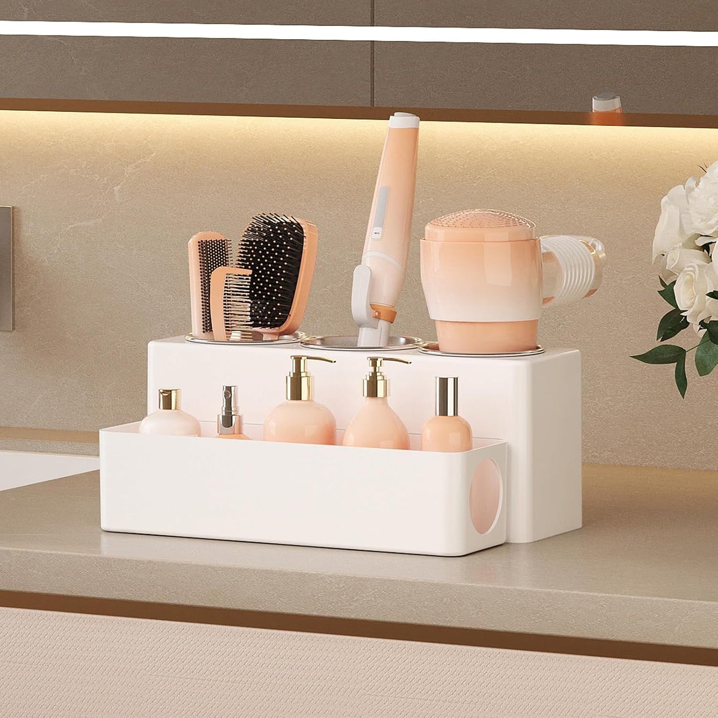 Lifewit Hair Tool Organizer Dryer Holder Countertop with 4 Cups, Black | 4 Stainless cups Tools Organizer, Acrylic body Hair Product Storage for Curling Iron, Brush, Straightener, Bathroom