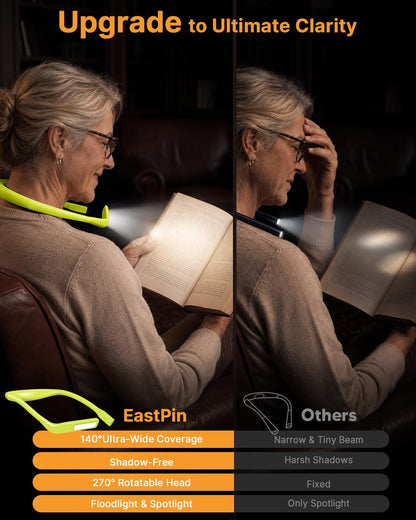 Neck Reading Light Book Lovers Gifts, Rechargeable 80Hrs Eye-friendly 3 Colors & Stepless Dimming Book Light for Reading, Christmas Stocking Stuffers for Men Women Camping Knitting Crochet Accessories