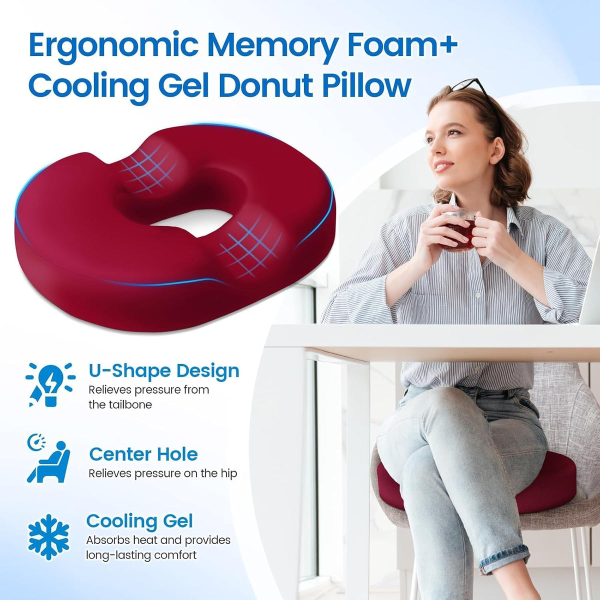 Donut Pillow Seat Cushion, Cooling Gel Memory Foam Chair Cushion, Black