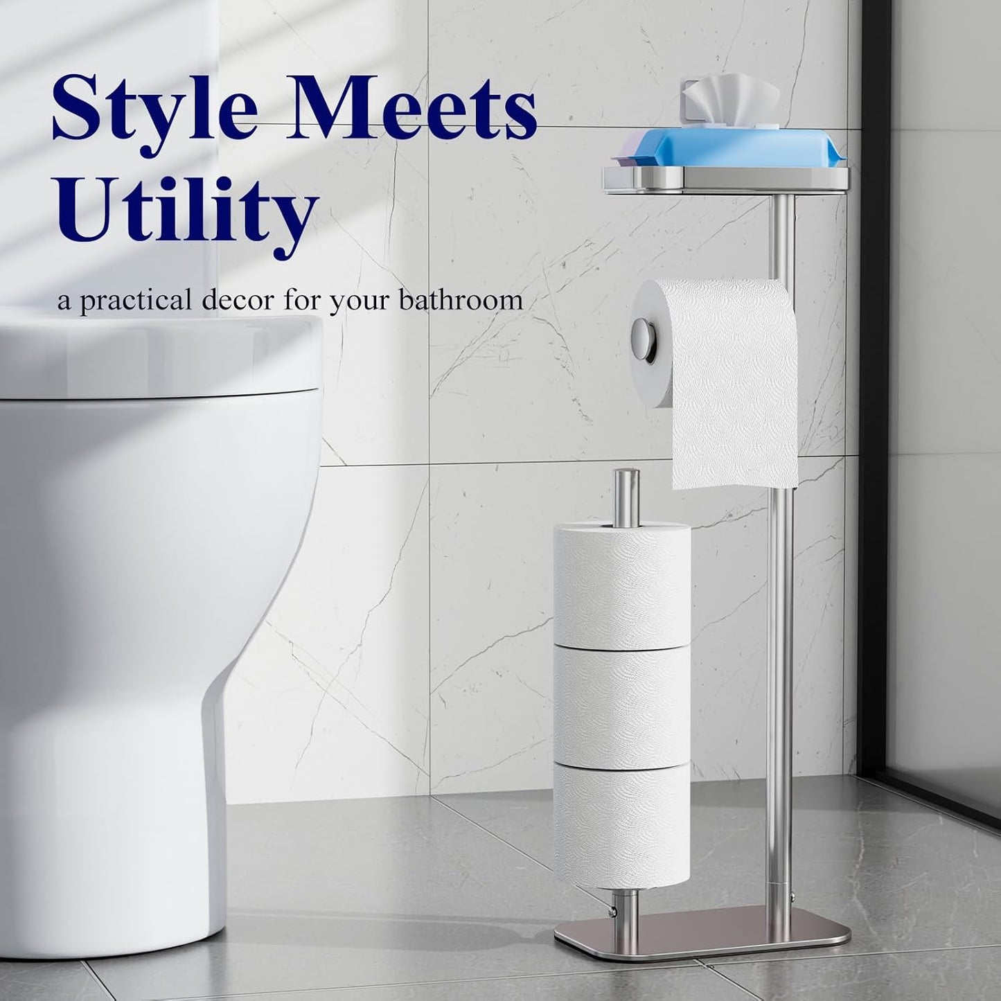 Kitsure Metal Toilet Paper Holder Free Standing, Medium, Black | Rustproof Toilet Paper Stand for 4 Rolls, Bathroom Organizers and Storage with Anti-Slip Base and Plastic Shelf