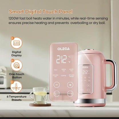 Electric Kettle Temperature Control: OLEGA 1.5L Smart Kettle 1200W | Stainless Steel Hot Water Boiler, 6 Temp Presets, Fast Boiling Electric Tea & Coffee Kettle
