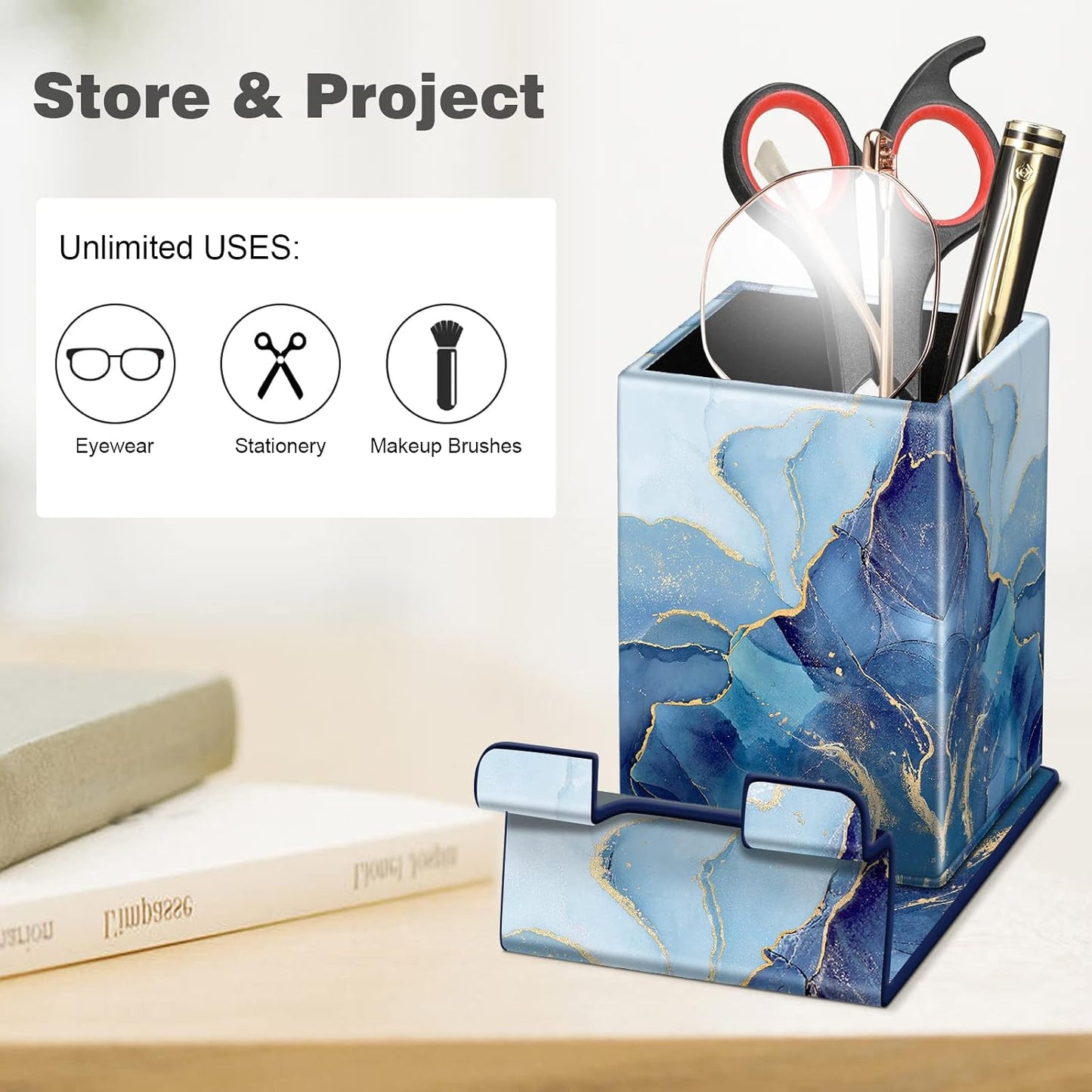 FINTIE Pencil Holder With Phone Stand, Eyeglasses Holder, Desktop Organizer | Nightstand Glasses Holder, Desktop Organizer, For Remote/Pen Storage, Office Supplies Case, Home Decor