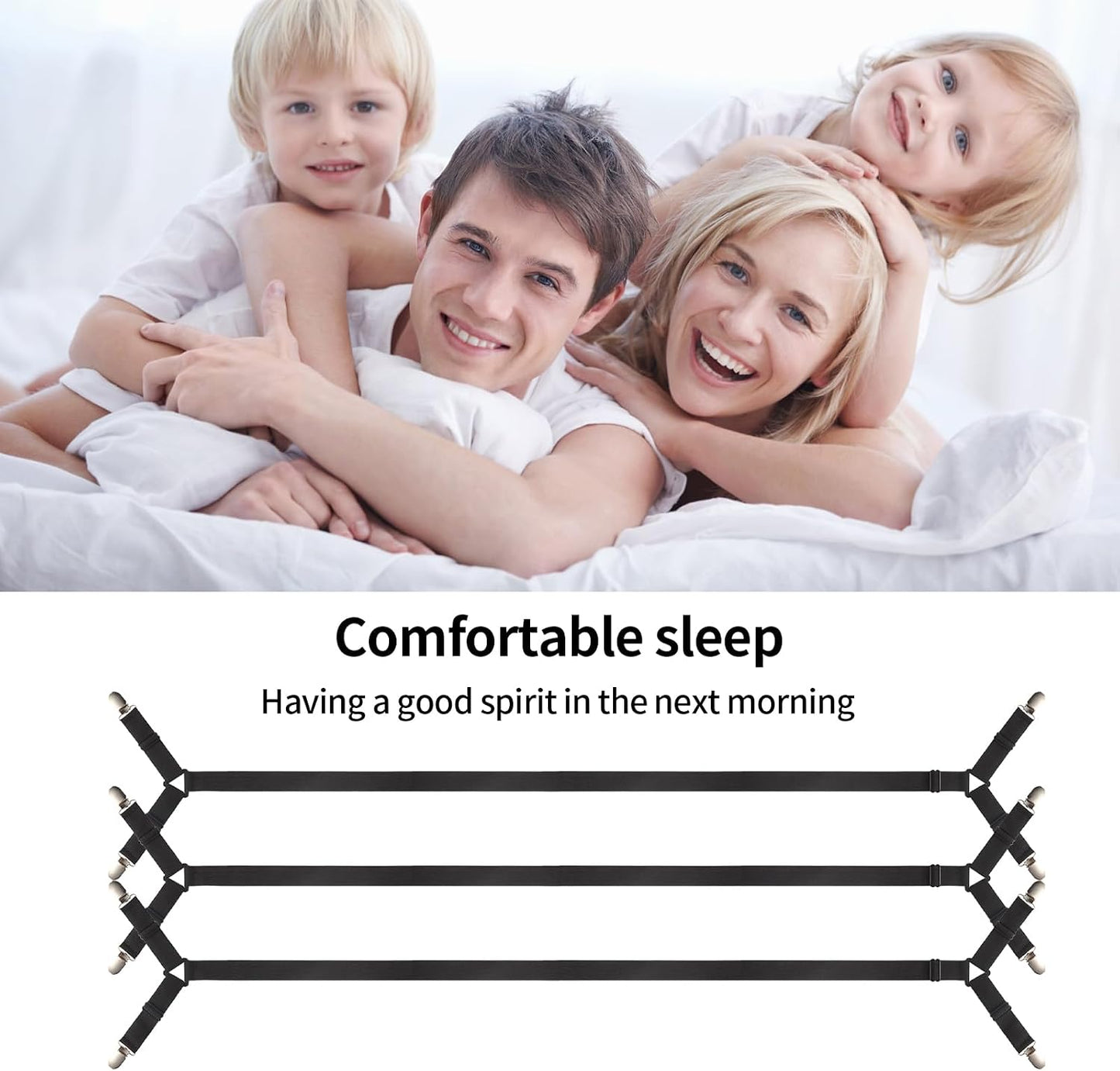 Luyena Bed Sheet Straps 3 Pack, Adjustable Elastic Bed Sheet Holders | Crisscross Design Fitted Sheet Straps for Full Size Mattress, Metal Clips with Non-Slip, Keep Tight in Place, Black