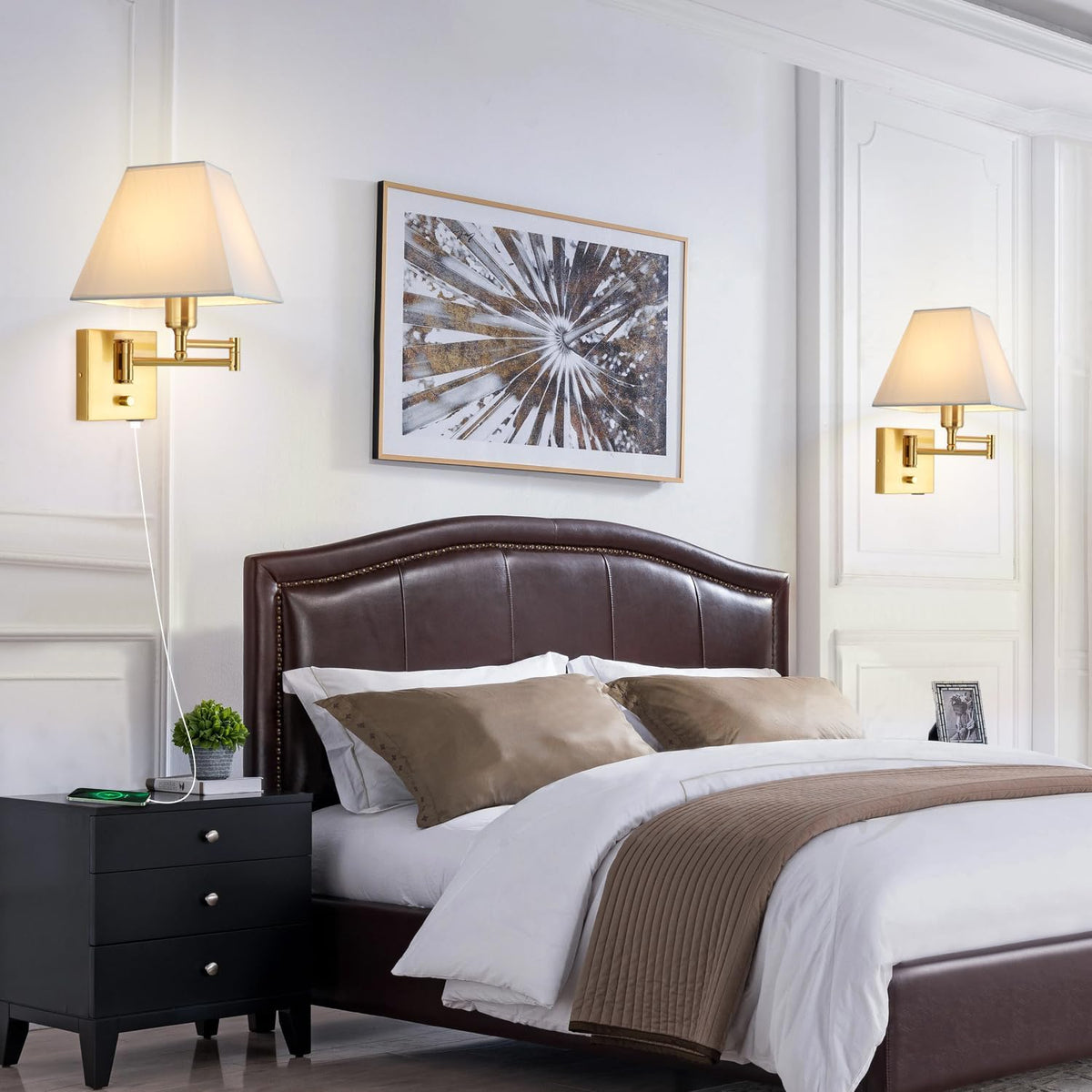 Wall Mounted Lamp Plug in Wall Sconce with Dimmable Switch Swing Arm Wall Lamp Whire Fabric Shade with USB Port Gold Wall Sconce Suitable for Hallway Bedroom Living Room…
